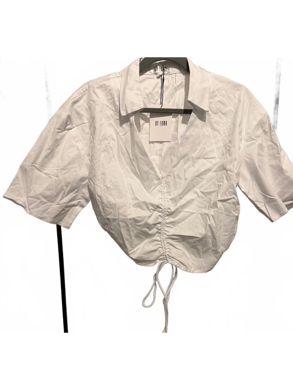White Short Sleeve Drawstring Blouse